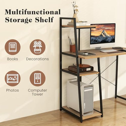 Tangkula Computer Desk with Shelves, Space Saving Home Office Desk with 3-Tier Ladder Shaped Storage Bookshelf, Modern Writing Study Desk with Metal Frame, Compact Computer Workstation (Natural) - color: Natural