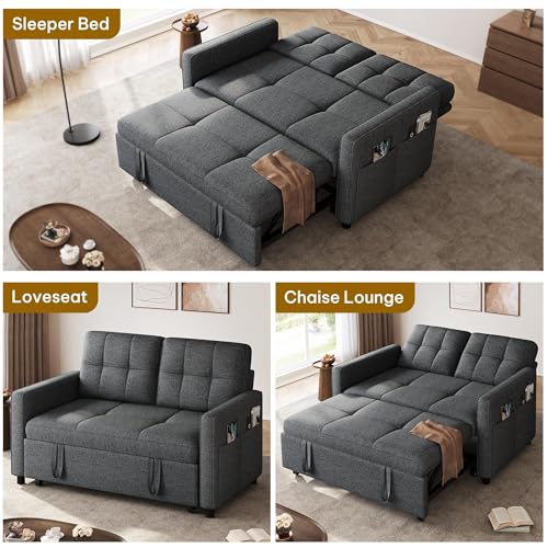 YITAHOME 55" Convertible Sofa Bed | 3-in-1 Sleeper Sofa with Iron Frame Pull-Out Bed, Linen Futon Couch with Reclining Backrest and Side Pocket, Modern Loveseat - color: Grey, size: 71.2 x 46.4in