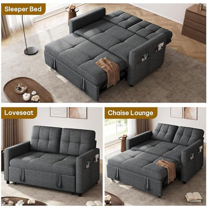 YITAHOME 55" Convertible Sofa Bed | 3-in-1 Sleeper Sofa with Iron Frame Pull-Out Bed, Linen Futon Couch with Reclining Backrest and Side Pocket, Modern Loveseat - color: Grey, size: 71.2 x 46.4in