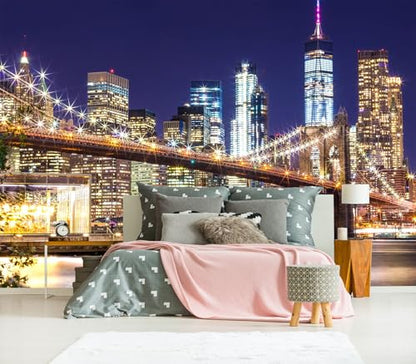 XMPMBM-Peel and Stick City Wallpaper new york City Night View wall Mural | Thick and tear-resistant,Will not be damaged during repositioning,Brooklyn Bridge at Night Bedroom wallpaper.S-80"X58" - color: M02, size: 80"x58"
