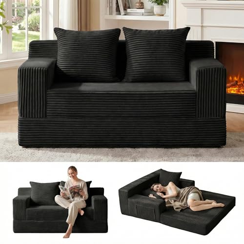 Erament Loveseat Boneless Convertible Sofa Bed, Folding Floor Futon Sleeper Sofa Couch Bed- Boneless Foldable Couch, Corduroy Pull Out Sofa Bed with 2 Pillows for Living Room & Bedroom - color: Black, size: 54''(Lovesat)