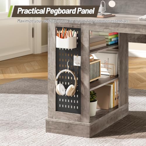 55-Inch Farmhouse Executive Desk with 2 Drawers and File Cabinet, Computer Desk with 3-Tier Storage Shelves, Home Office Desk with Charging Station, Pegboard and Monitor Shelf, Gray - color: Grey
