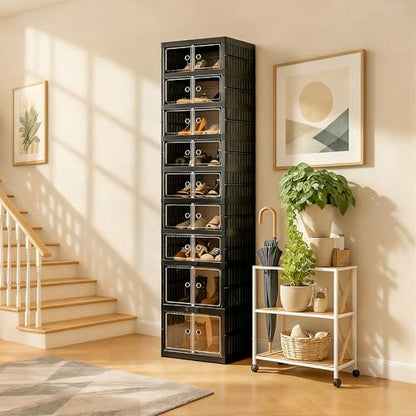 Foldable Shoe Organizer Storage Box, Portable Extra Large Folding Shoe Rack for Closet, Shoe Storage Box with Magnetic Transparent Door and Wheels, 9 Layers 18 Grids with 4 Big Grids - size: Black 9 Layers-C