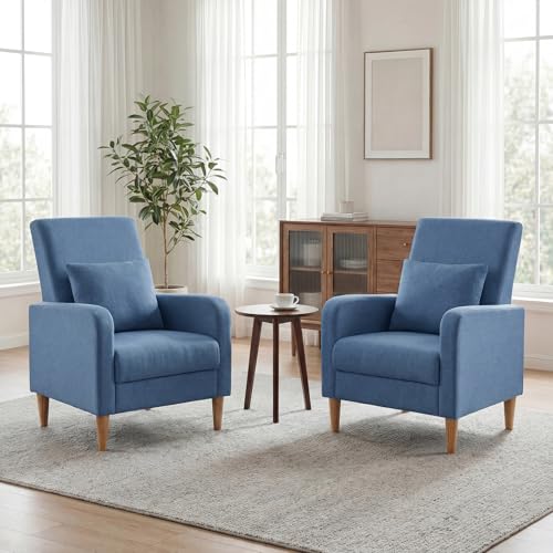 COLAMY Mid-Century Modern Accent Chairs Set of 2, Fabric Upholstered Living Room Chairs with Back Pillow & Solid Wood Legs, Comfy Armchair for Living Room, Bedroom, Single Sofa, Blue - color: Blue, size: Set of 2