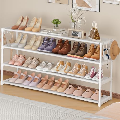 Extra Long Shoe Rack 4 Tier with 2 Hooks Shoe Storage Organizer | Wide Stackable Shoe Racks for Closet, Entryway,Shoe Shelf Stand Sturdy Durable Shoes Holder Save Space Up to 26Pairs - color: White, size: 4Tier 25.2"H