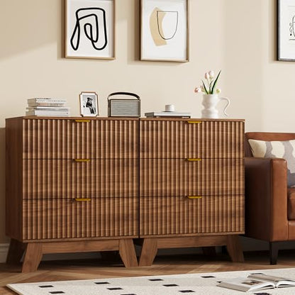Fluted Nightstand with 3 Large Drawers, Wooden Side End Table with Elevated Legs for Easy Cleaning, Sturdy Modern Beside Table for Small Space, Bedroom, Walnut, 24" L - color: Walnut