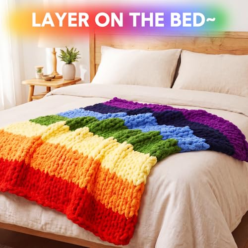Rainbow Chunky Knit Throw Blanket 50"x60" Soft Knitted Throw Chenille Yarn Handmade Crochet Big Thick Blanket Rope Knot Blankets for Couch Sofa Bed Home Decoration
