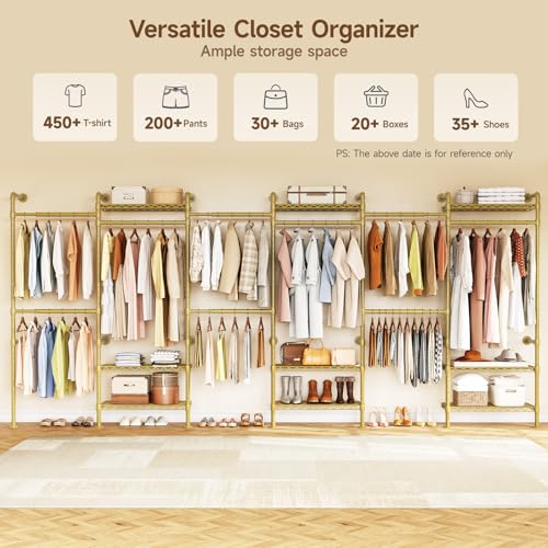 H6 Wall Mounted Closet System, Industrial Pipe Clothes Rack, Gold | Metal Clothing Rack with 6 Telescopic Rods & 3 Fixing Rods & 9 Shelves, Heavy Duty Closet Organizers and Storage in Wardrobe - color: Gold