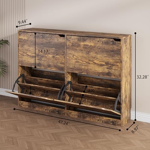 Brown Hidden Shoe Storage Cabinet for Entryway with 4 Flip Drawers | Slim & Narrow Design Saves Space, Adjustable Shelves Fit Various Shoes, Ventilation Reduces Odors, Anti-Tip Safety - color: Brown, size: Regular 4 Drawers