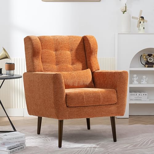 Accent Chair, Living Room Chairs with Solid Wood Legs & Pillow | Chairs Living Room with High Tufted Backrest, Reading Chair for Bedroom/Office, Chenille Fabric - color: Orange