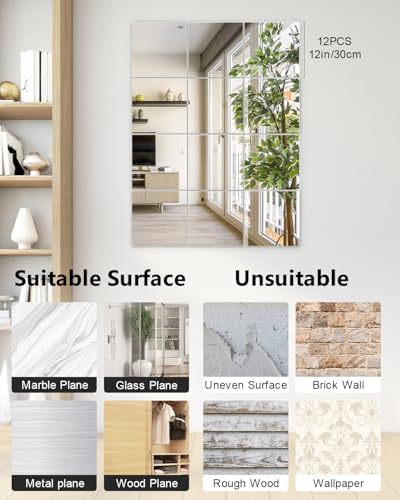 Home Gym Mirrors 12 Inch x 12Pcs Full Length Mirror Tiles Acrylic Unbreakable Wall Mounted Mirror Frameless Full Length for Home Gym, Bedroom, Door - size: 12x12Inchx12Pack