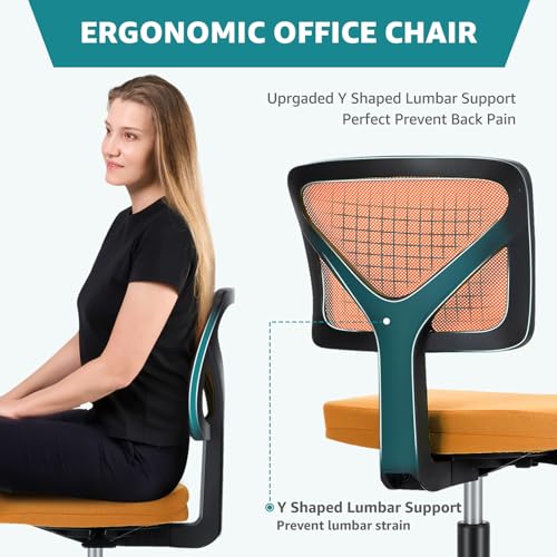 OLIXIS Armless Home Office Chair, Ergonomic Small Desk Chair | Mesh Back, Removable Washable Foam Cushion, Height Adjustable, Rolling Swivel Wheels, Small Space, Dark Orange - color: Dark Orange