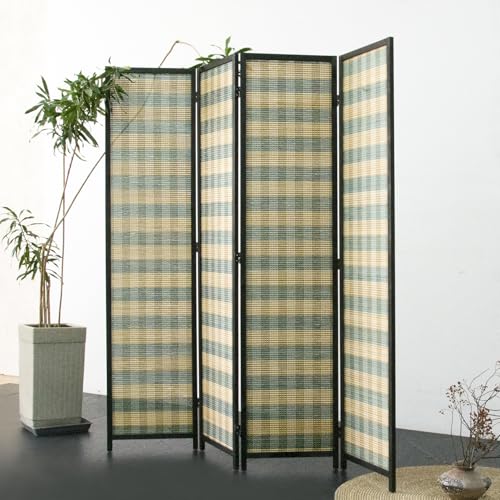 4 Panel Bamboo Room Divider, Blue Stripe Folding Privacy Screen | 5.6 ft Folding Divider, Divider for Room Separation, Freestanding Room Partition Screen, Double-Sided Panel Divider Screen - color: Blue Stripe, size: 4 Panel