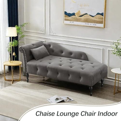 60" Modern Velvet Chaise Lounge Indoor, Upholstered Chair with Left Armrest and Lumbar Pillow, Button Tufted Lounge Sofa for Living Room Bedroom Office, Mini Chaise Longue Sofa (Grey) - color: Grey