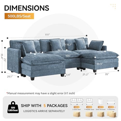 111'' Sectional Cloud Deep Seat Couch, Oversized Chenille U Shaped Sectional Sofa for Living Room Set, Comfy Upholstered Modular 5-Seats Sectional Sofa Couch with 2 Movable Ottoman, Blue - color: Blue, size: 111'' U Shape