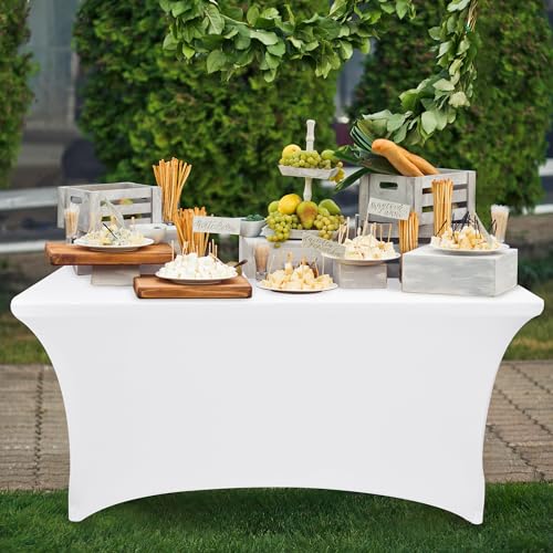 Nasitos 2 Pack White 6 ft Table Cloth Fitted-Open Back Spandex Table Covers Fabric Washable and Wrinkle Resistant Stretch Tablecloth for Parties, Wedding, Banquet, Jewelry Trade Show, Craft Fair - color: White, size: 6FT