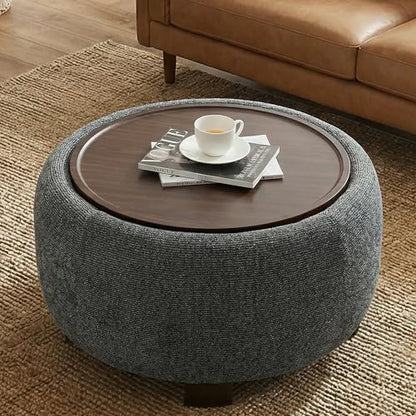 VKNOW 30" Round Storage Ottoman, Ottoman Coffee Table with Removable Wood Top and Solid Wood Legs for Living Room, Bedroom, Apartments (Black) - color: Black
