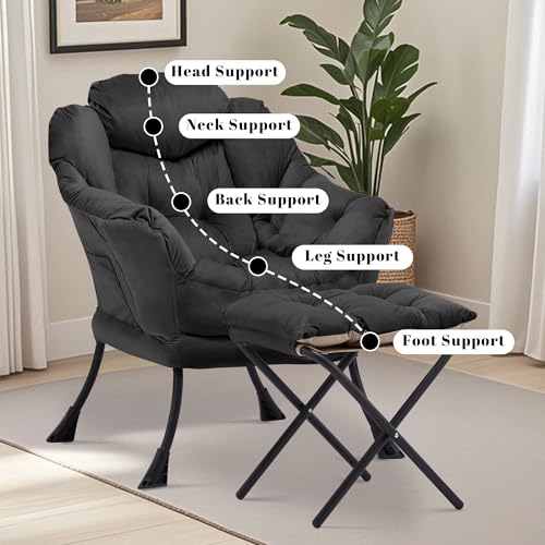 Lazy Chair with Ottoman, Comfy Reading Chair, Black | Cushioned Seat with Foldable Ottoman and Side Pocket, Lounge Chair for Bedroom, Living Room, Dorm and Small Spaces - color: Black