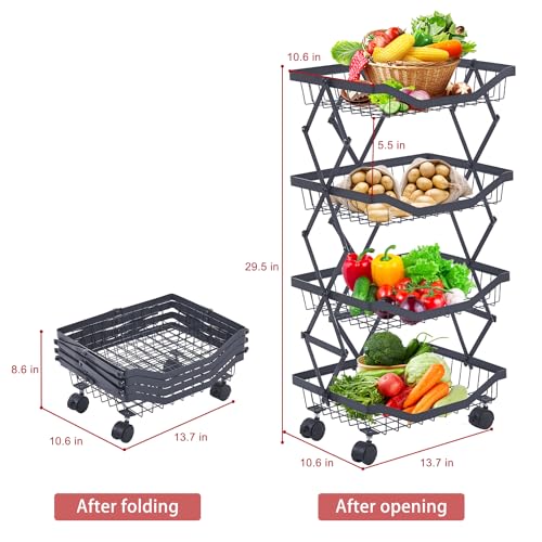 4 Tier Fruit Basket for Kitchen Stackable Metal Wire Fruit Vegetable Basket with Wheels Narrow Corner Rolling Utility Cart for Kitchen, Pantry, Bathrooms, Garage