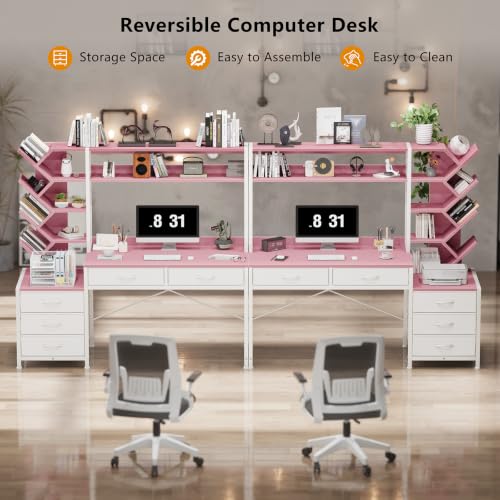 52" Computer Desk with Bookshelf, 5 Drawers ＆ Hutch for Bedroom | Pink Office Desk with Printer Shelf, Study Writing Desk with Storage Shelves - color: Pink