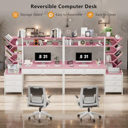 52" Computer Desk with Bookshelf, 5 Drawers ＆ Hutch for Bedroom | Pink Office Desk with Printer Shelf, Study Writing Desk with Storage Shelves - color: Pink