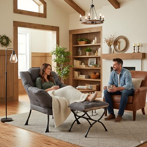 Lazy Chair with Ottoman, Comfy Accent Reading Chair, Dark Grey | Foldable Footrest,Removable Cover,with Armrests and Side Pockets,Upholstered Lounge Chair for Bedroom,Dorm,Office,Small Space - color: Dark Grey