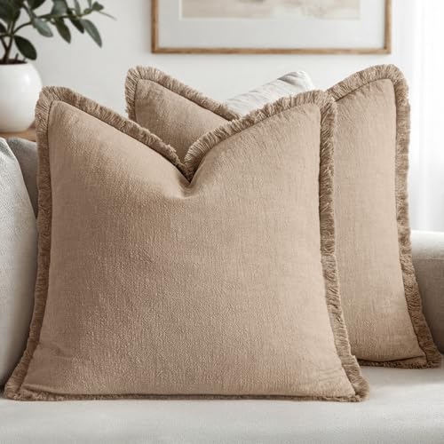 MIULEE Boho Linen Fringe Decorative Throw Pillow Covers Camel 18x18 | Set of 2, Cottagecore Decor, Boho Farmhouse Neutral Pillow Covers, Rustic Couch Cushion Cases for Sofa Bed Living Room - color: Camel, size: 18" x 18" (Pack of 2)