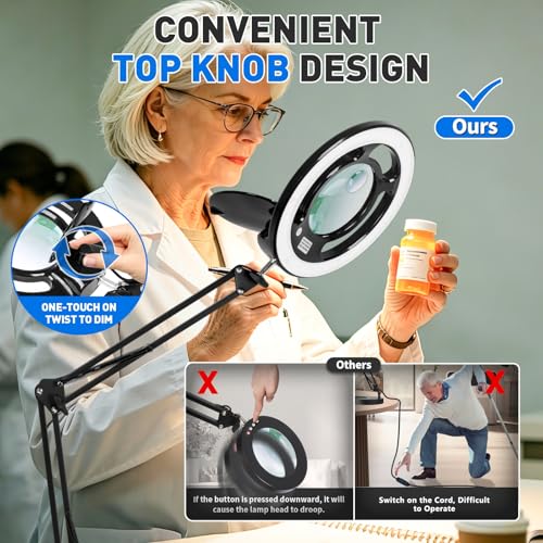 KIRKAS Magnifying Glass with Light, 2,200 Lumens Magnifying Lamp 12X 30X | 28in Adjustable Long Arm Knob Stepless Dimmable LED Lighted Magnifier Real Glass Lens for Repair Craft Sewing Workbench - color: Black 28in Magni-attach