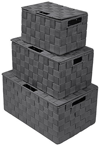 Sorbus Set of 3 Hand-Woven Storage Baskets with Lids – Mesh Organizers for Linen Closet, Shelves, or Home Storage – Variety Pack (Gray) - color: Gray