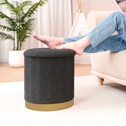 Round Storage Ottoman with Reversible Tray Top, 16.3" Boucle Ottoman Footrest Stool with Metal Base, Upholstered Vanity Stool with Storage for Living Room Bedroom, Dark Grey - color: Teddy-darkgrey