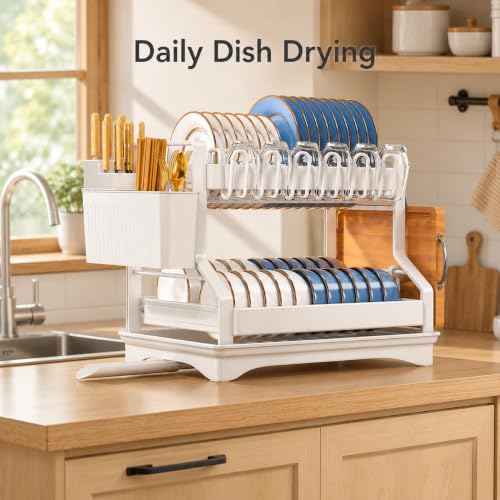 Fandian Dish Drying Rack 2 Tier White Dish Racks for Kitchen Counter and Sink, Large Dish Drying Rack with Drainboard & Utensil Holders Stainless Steel Dish Drainers Kitchen Organization and Storage - color: Ceramic White Dish Racks