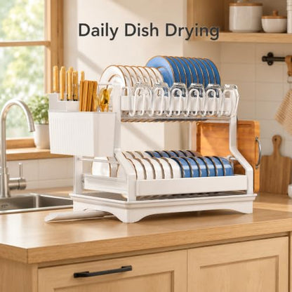 Fandian Dish Drying Rack 2 Tier White Dish Racks for Kitchen Counter and Sink, Large Dish Drying Rack with Drainboard & Utensil Holders Stainless Steel Dish Drainers Kitchen Organization and Storage - color: Ceramic White Dish Racks