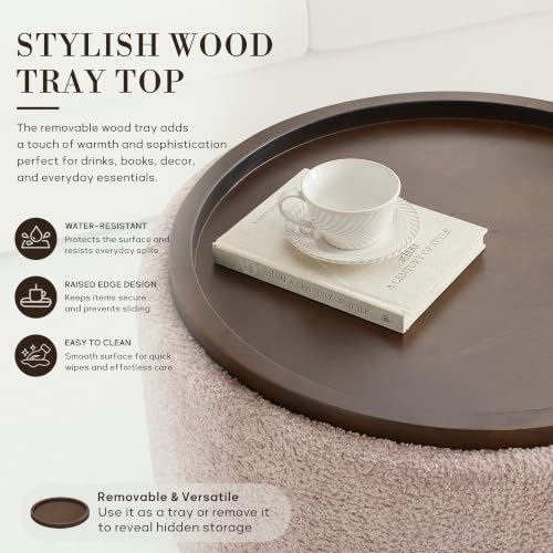 Zihanhome 30" Round Chenille Storage Ottoman Coffee Table with Removable Tray Top, Large Hidden Storage Ottoman, Solid Wood Legs for Living Room, Bedroom, Apartment (Pink) - color: Pink
