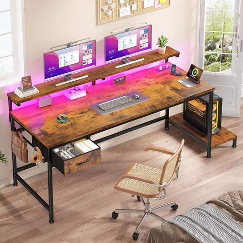 DurayLoly 47.2" Office Desk with Power Outlet & Monitor Stand,Rustic Brown | Computer Desk with LED Lights,Reversible CPU Stand,Fabric Drawer,2 Headphone Hooks,Home Work,Study,Small Spaces,Bedroom - color: Brown, size: 47.2 Inch