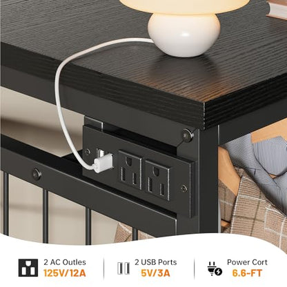 EnHomee 125cm W 드레서, 걸이용 랙 및 서랍 6개, 그리드 패널 및 후크 4개 포함 | LED 조명 및 충전 스테이션, 침실용 나무 상단 정리 유닛, 스틸 프레임이 있는 서랍장, 블랙 - color: 블랙.