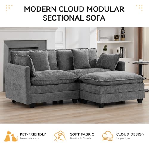 76'' Cloud Deep Seat Loveseat Sofa, Upholstered Chenille Modular 2-Seats Sectional Sofa Couch with Movable Ottoman, Modern Comfy Settee Loveseat for Living Room Set, Small Apartment, Grey - color: Grey, size: 76'' L Shape