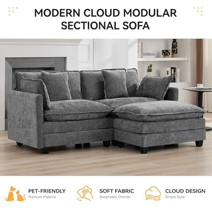 76'' Cloud Deep Seat Loveseat Sofa, Upholstered Chenille Modular 2-Seats Sectional Sofa Couch with Movable Ottoman, Modern Comfy Settee Loveseat for Living Room Set, Small Apartment, Grey - color: Grey, size: 76'' L Shape