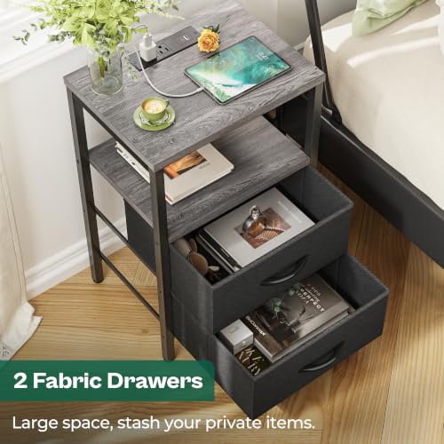 Huuger Nightstand with Charging Station, Side Table with Fabric Drawers, End Table with Open Shelf, Bedside Table with USB Ports and Outlets, Night Stand for Bedroom, Charcoal Gray | End Table with Open Shelf, Bedside Table with USB Ports and Outlets, Nig