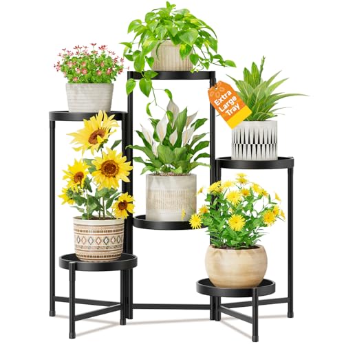 LASZOLA Plant Stand Indoor with 10 Inch Large Metal Tray, 6 Tier Black | Corner Tall Folding Flower Display Rack, Modern Plant Holder Shelf, for Outdoor Patio Porch Garden Living Room - color: Obsidian Black, size: 6 Tier