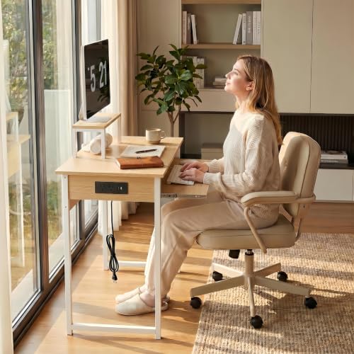 ALISENED Computer Desk with Keyboard Tray and Monitor Stand, 37.5 Inch Small Desk with Power Outlets & USB Ports for Bedroom Home Office, Compact Gaming Desk Shelf, Oak (Oak, 37.5") - color: Oak, size: 37.5"