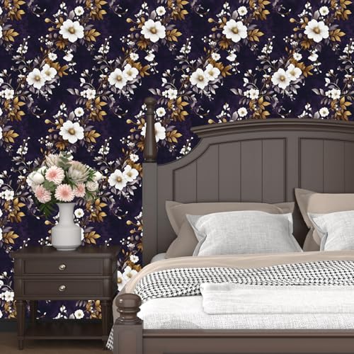 Dark Floral Peel and Stick Wallpaper 17.5" x 118",Purple/White | Self Adhesive/Removable/Waterproof/Thick Vinyl Contact Paper for Bathroom Bedroom Shelf Cabinet Drawer,Prepasted,Easy Peel - color: Purple White, size: 118" x 17.5"
