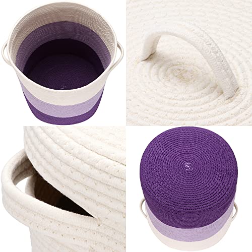 Sea Team Large Woven Cotton Rope Laundry Basket with Lid, 20 x 16 in | Collapsible Knitted Hamper with Handles, Lidded Closet Shelf Organizers for Clothing, Blankets, Toys, Bedding, Lavender - color: White & Lavender