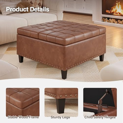 FiveWillowise 31.5 Inch Large Square Ottoman with Storage,Faux Leather | Coffee Table Storage Ottoman Bench with Lift Top Upholstered Footrest Stool Toy Box for Bedroom Living Room,Brown - color: Brown