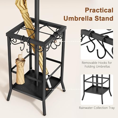 Hoctieon Coat Rack Freestanding, Coat Tree with Umbrella Holder, Metal Coat Rack Stand with 12 Hooks, Standing Coat Hanger Stand, Umbrella Stand for Entryway, Hat Rack Stand for Home Office, Black - color: Black
