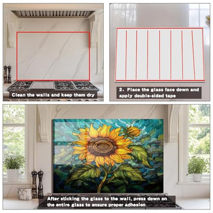 Evgosm Tempered Glass Backsplash for Kitchen， Stove Splashback, sunflower Glass Backsplash, Easy to Install and Clean, Used for Kitchen Wall Protection and Decoration. (30x16'') - size: 30"L x 16"W, style: sunflower