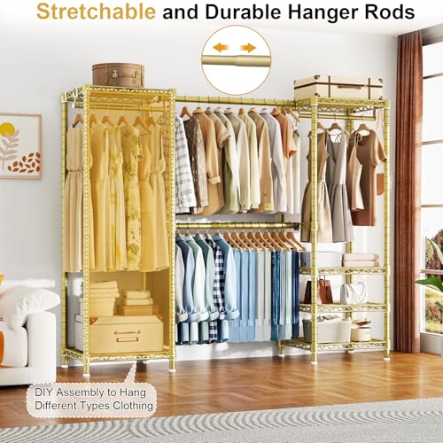 E7 Garment Rack, Heavy Duty Clothes Storage System with Extendable Rod | Metal Clothing Rack with 6 Wire Shelves, Freestanding Portable Closet Wardrobe for Hanging Clothes, Load 838lbs, Gold - color: Gold