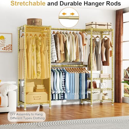 E7 Garment Rack, Heavy Duty Clothes Storage System with Extendable Rod | Metal Clothing Rack with 6 Wire Shelves, Freestanding Portable Closet Wardrobe for Hanging Clothes, Load 838lbs, Gold - color: Gold