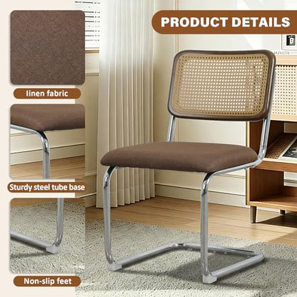 Rattan Dining Chairs Set of 6,Linen Cesca Chair Kitchen Chair,Coffee2 | VICBARLEY Mid Century Modern Dining Chairs,Wood Cane Backrest&Chrome Base,Upholstered Side Chair for Dining Room,Kitchen - color: Coffee2, size: Set of 6
