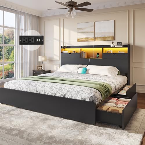 DICTAC King Bed Frame with Storage Headboard and 4 Underneath Drawers, Black Platform Bed King Size with LED Lights and Charging Station, Heavy-Duty Metal Slats, No Box Spring Needed, Quiet & Sturdy - color: Classic Black, size: King