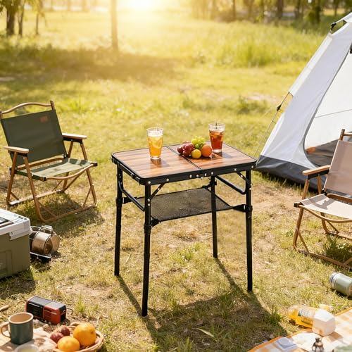 Small Folding Camping Table, 2ft Portable Picnic Table Aluminum 24" x 16" Folding Table, 3 Adjustable Heights Portable Lightweight Table Dining Table for RV, Picnic, Beach (Wood Grain) - color: Wood Grain